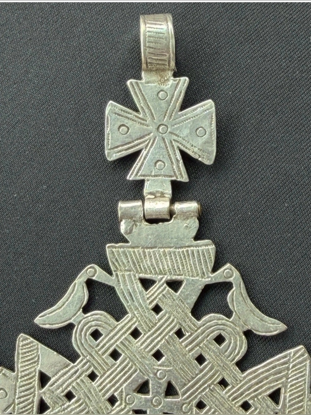 Vintage Ethiopian Cross Pendant Birds Large 5” Heavy 42g Silver Hinged Bale - Picture 6 of 6